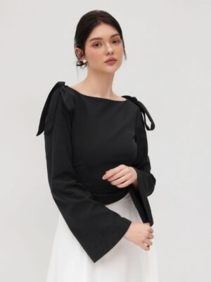 Boat Neck Bowknot Ruched Long Sleeve Top