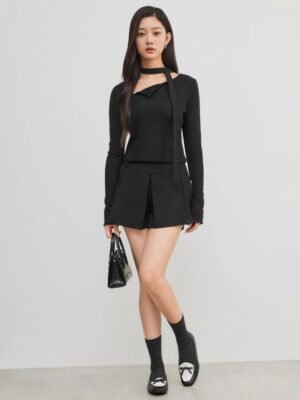 Asymmetrical Neck Solid Button Long Sleeve Top With Scarf