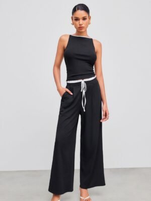 Square Neck Solid Contrasting Binding Tank Top & Mid Rise Wide Leg Trousers