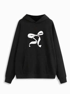 Bow Graphic Round Neck Hoodie (image 1) Black Bow Graphic Hoodie