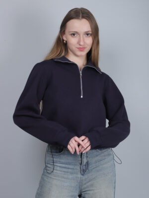 IMG_0024 Navy Blue Fleece Zip Through Drawstring Sweatshirt