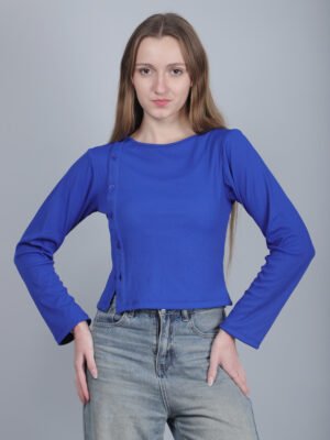 Cobalt Blue Long Sleeve Ribbed Knit Top with Decorative Side Buttons