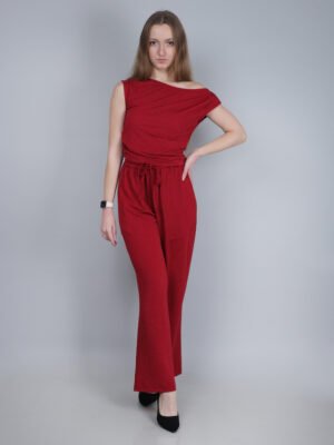 Women’s Red Asymmetric One-Shoulder Textured Jumpsuit with Drawstring Waist