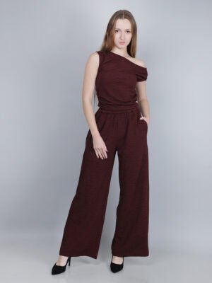 Texture Asymmetrical Neck Ruched Top & Mid Rise Elastic Waist Straight Leg Trousers Set