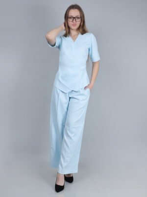 Women’s Pastel Blue Wrap Top and Wide-Leg Trousers Two-Piece Co-ord Set
