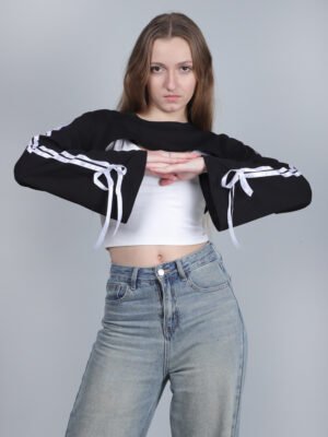 IMG_9818 Side Striped Bowknot Sweatshirt & Solid Cropped Cami Top