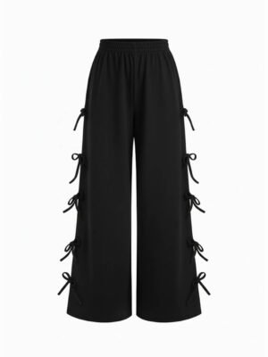 Terry Mid Rise Bowknot Elastic Waist Wide Leg Trousers Terry Mid Rise Bowknot Elastic Waist Wide Leg Trousers