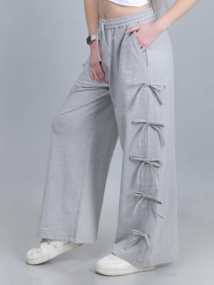 xnicwekcn Grey Terry Mid Rise Bowknot Elastic Waist Wide Leg Trousers