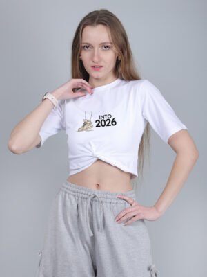 "Into 2026" Graphic Knot-Front Crop Tee – White
