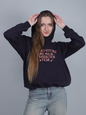 9b Manifesting My Main Character Year – Navy Blue Oversized Graphic Hoodie