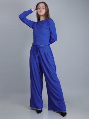 Set Of 2 :Royal Blue Ribbed Co-ord Set - Side-Button Mock Neck Top & Wide-Leg Trousers