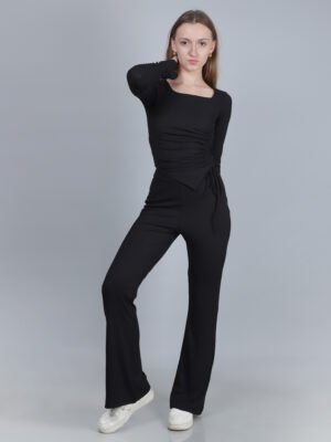 Black Ribbed Co-ord Set - Square Neck Ruched Top & Flare Trousers