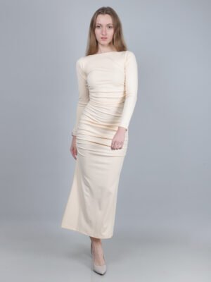 Long-Sleeved Ruched Maxi Dress in Beige