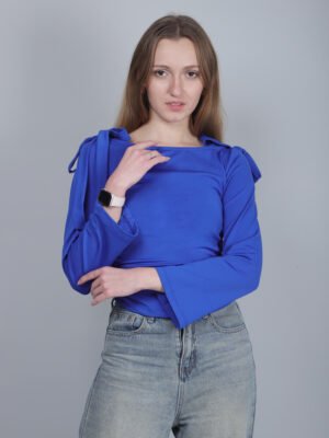 Boat Neck Bowknot Ruched Long Sleeve Top in Blue
