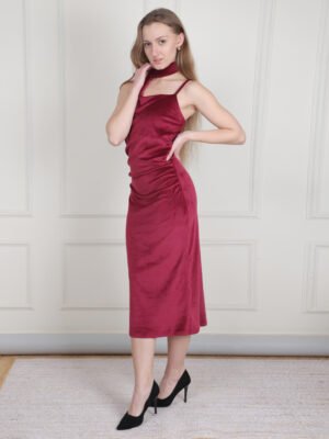Velvet Halter Neckline Ruched Cami Maxi Dress With Scarf