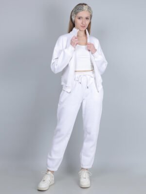 Set Of 2: White Zip Up Jacket With High Waist Jogger Set