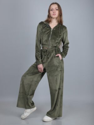 IMG_9614 Olive Green Velour Hooded Crop Jacket & Wide Leg Pants Co-Ord Set