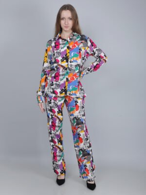 Multicolor Abstract Print Shirt & Straight Pants Co-Ord Set for Women
