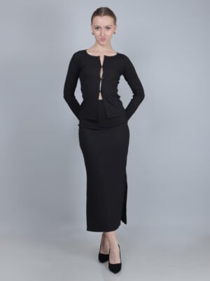 Mandarin Collar Rib Cardigan and Pencil Skirt Set