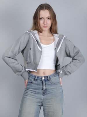 IMG_9775 Grey Cropped Zip-Up Hoodie with Frill Detail