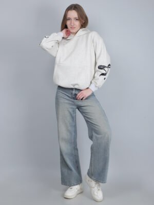 IMG_9977 Beige Hooded Sweatshirt with Sleeve Print for Women