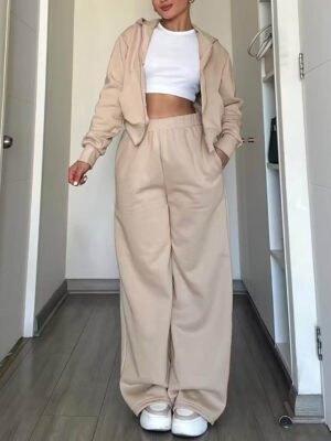 Set Of 2 - Khaki Colour Hooded Zipper Sweatshirt With Pants Set (image 1) Set of 2 - Khaki Color Hooded Zipper Sweatshirt with Pants Set