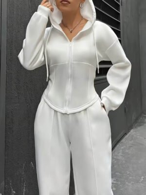 Set Of 2 - White Hooded Zipper Sweatshirt With Pants Set (image 1) Set Of 2 - White Hooded Zipper Sweatshirt With Pants Set