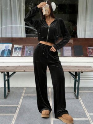 Set Of 2- Black hoodie zip up jacket with pants.