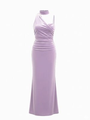 Velvet Halter Neckline Ruched Cami Maxi Dress With Scarf