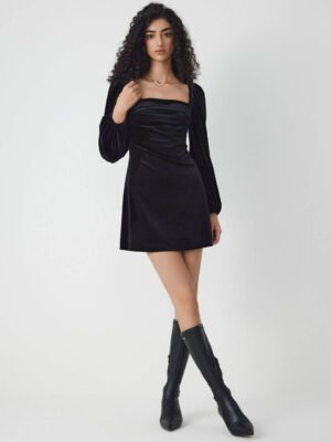 Velvet Square Neck Solid Ruched Mini Dress
