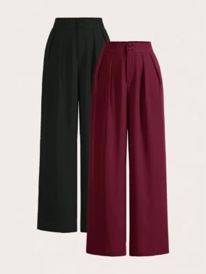 Women’s High Waist Wide Leg Trousers – Formal Straight Fit Palazzo Pants (Black & Maroon)