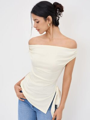 Women's Off-Shoulder Asymmetrical Ribbed Top - Elegant Cream Side-Tie Blouse