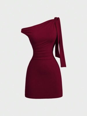 Women’s Maroon One Shoulder Bodycon Mini Dress – Ruched Slim Fit Party Dress with Side Tie