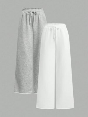 Women’s Wide Leg Lounge Pants – High Waist Drawstring Relaxed Fit (Grey & White)