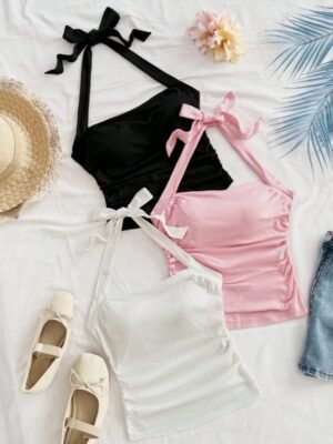 Women’s Tie Strap Crop Top – Ruched Sleeveless Camisole with Bow Shoulder Straps (Black, Pink & White)