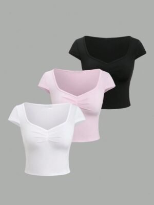 Women’s V-Neck Ruched Front Crop Top – Short Sleeve Stretch Slim Fit Tee (Black, Pink & White)