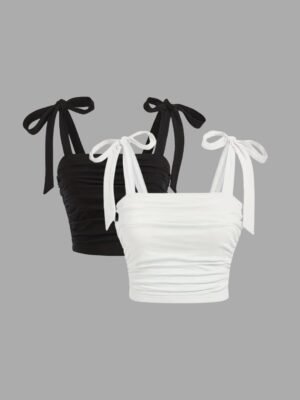 Women’s Ruched Tie Strap Crop Top – Bow Shoulder Sleeveless Stretch Top (Black & White)