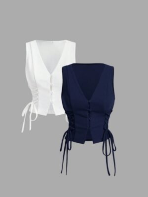 Women’s V-Neck Button Front Corset Vest Top – Side Drawstring Waist Cincher (White & Navy)
