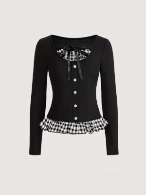 Black Ribbed Coquette Top with Gingham Ruffle Hem & Bow