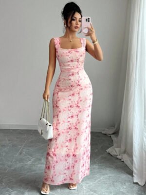 Pink Rose Print Square Neck Maxi Dress