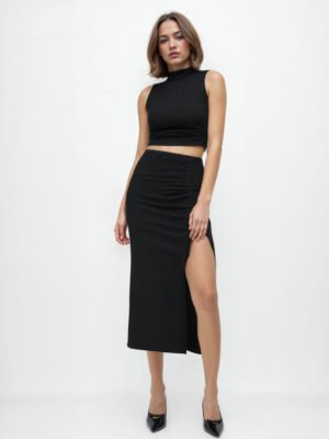 Set of 2: Ruched Tank Top & Knotted Ruched Split Maxi Skirt