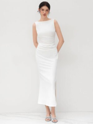 Boat Neck Solid Ruched Split Maxi Dress