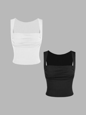 Pack Of 2 : Solid Ruched Square Neck Crop Top