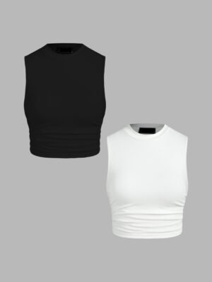 Pack Of 2: Round Neck Solid Ruched Crop Tank Top