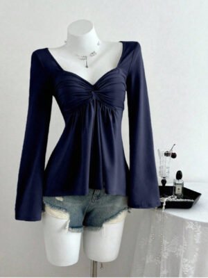 Navy Blue Sweetheart Neck Ruched Top with Flare Sleeves