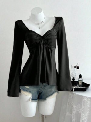 Black Sweetheart Neck Ruched Top with Flare Sleeves